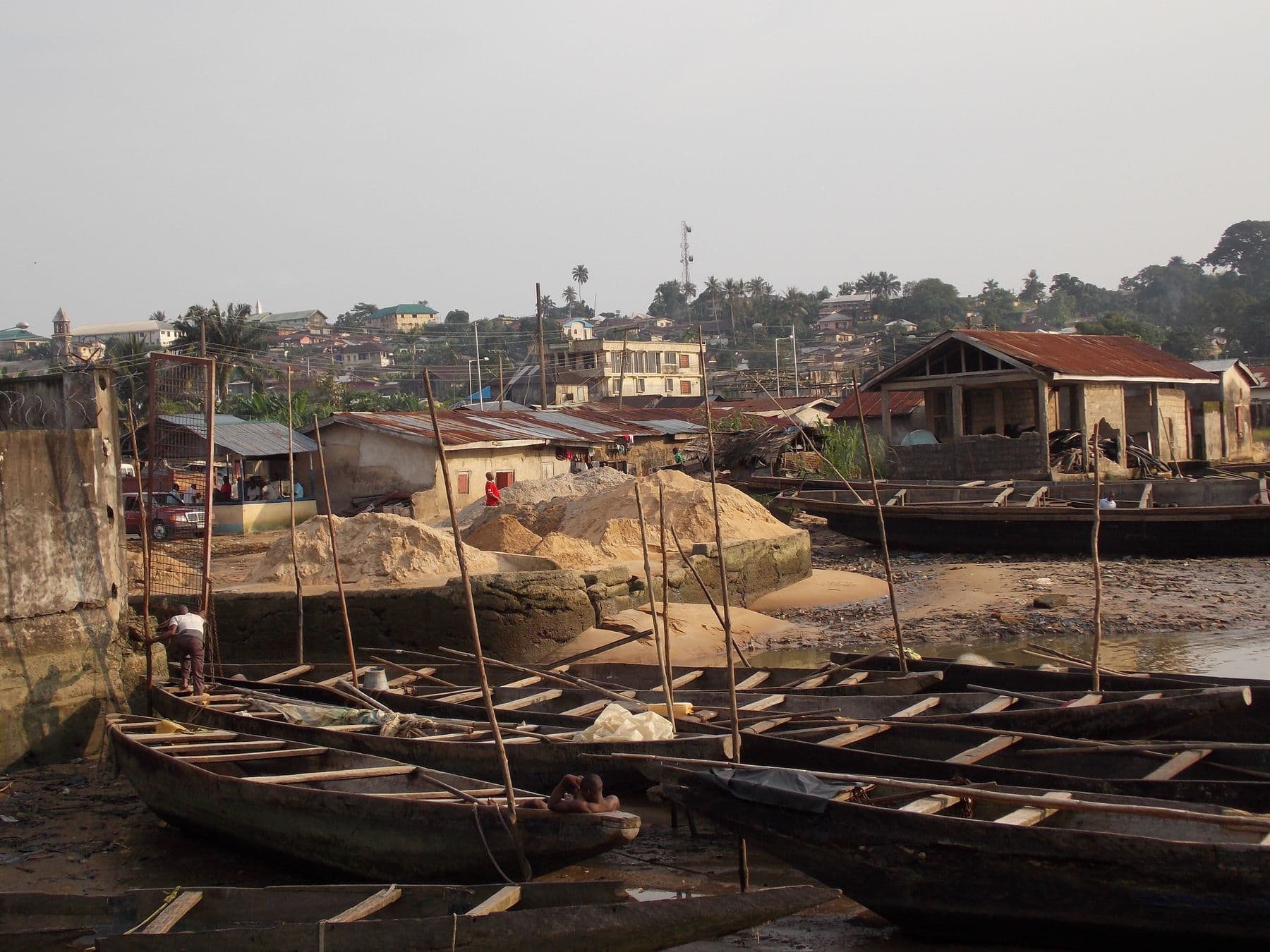 Wooden fishing canoes moored along the shore at Calabar